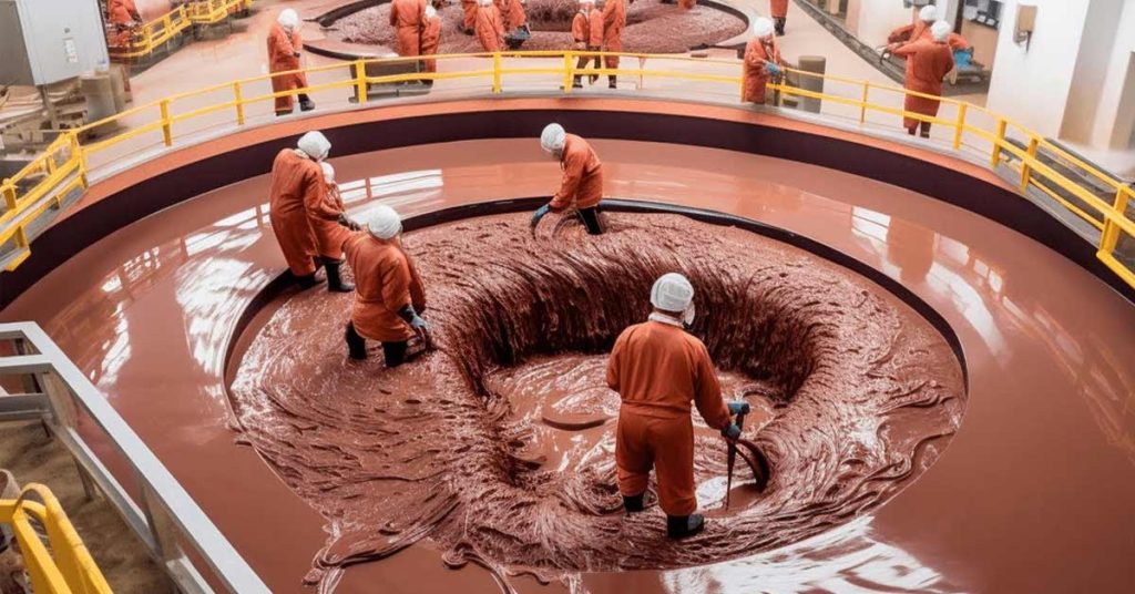 A picture of properly dressed workers working in a chocolate factory.