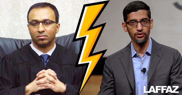 A picture of judge P. Mehta on the left and Google CEO Sundar Pichai on the right.