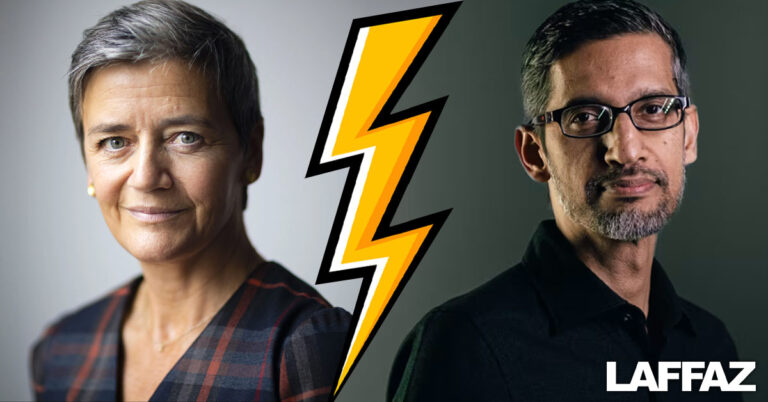 EU Competition Commissioner Margrethe Vestager on the left and Google CEO Sundar Pichai on the right