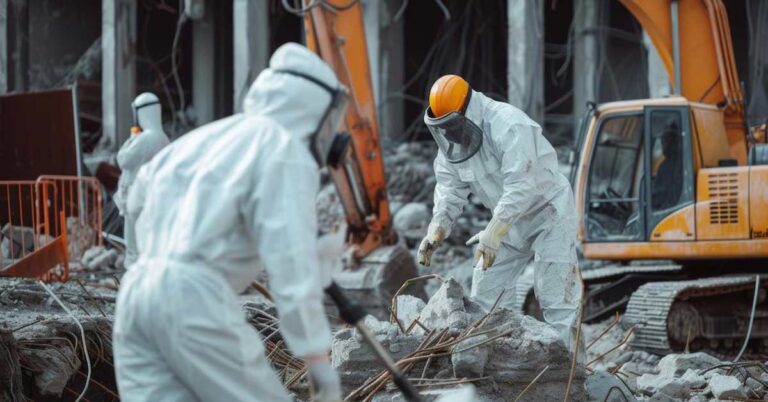 A crew in full protective gear carefully removing asbestos and other hazardous materials from a construction site