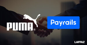 Background image showing two guys shaking hands, with overlaying Puma logo on the left, and Payrails logo on the right. An exclusive illustration made by LAFFAZ Media.