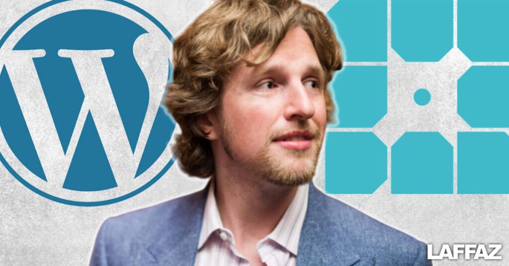 A picture of Automattic CEO in the middle with WordPress logo in the background in the left and WP Engine logo on the right.