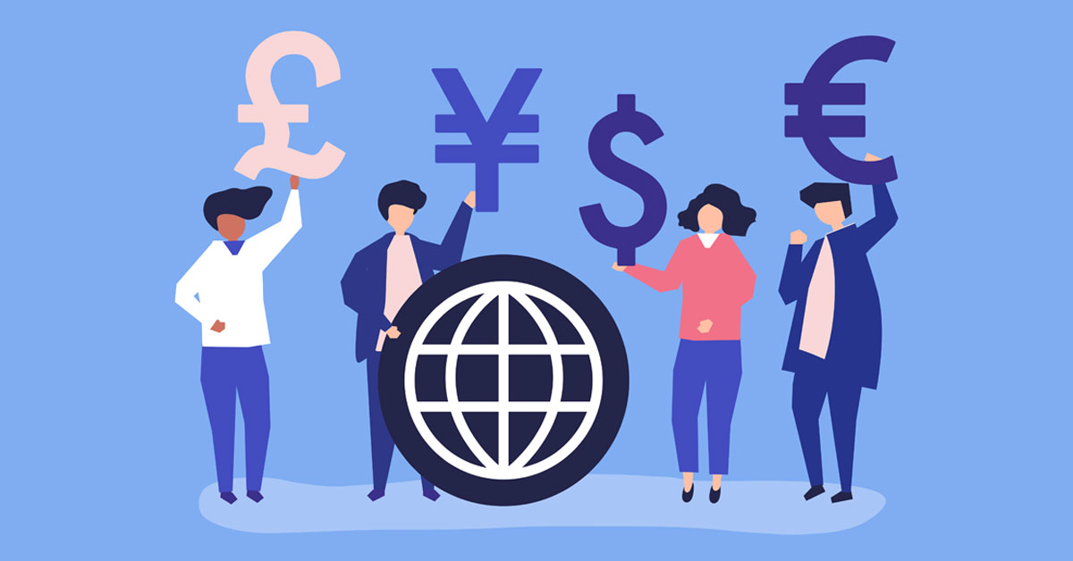 A vector image displaying 4 people holding 4 different currency symbols respectively.