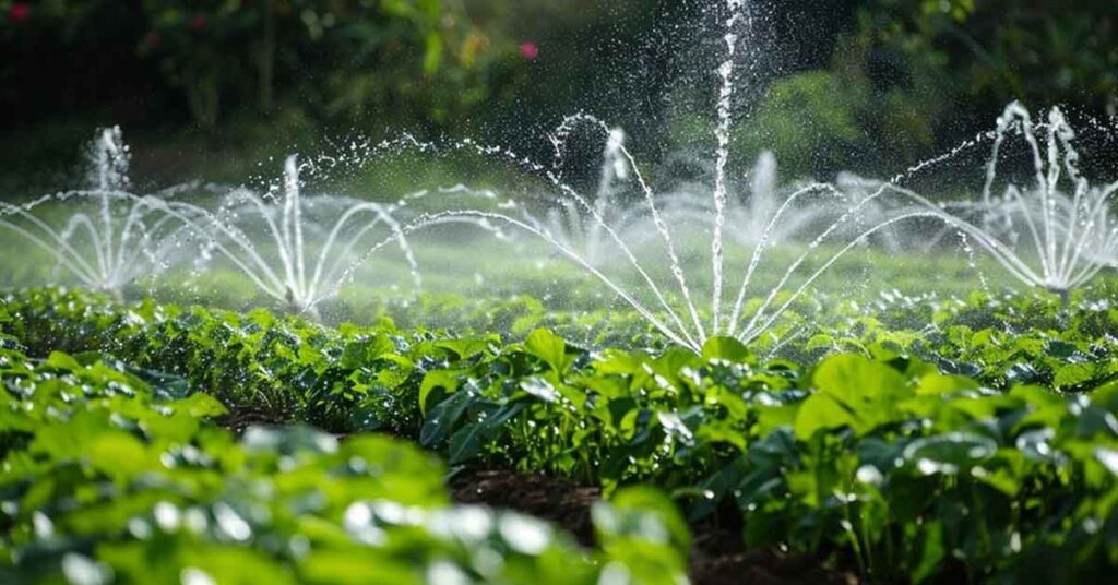 Irrigation in garden with water sprinklers