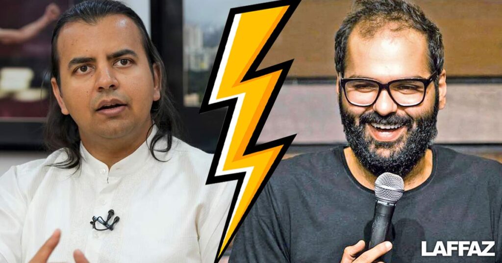 A picture of OLA CEO Bhavish Aggarwal with serious expression in the left, and comedian Kunal Kamra laughing on the right.