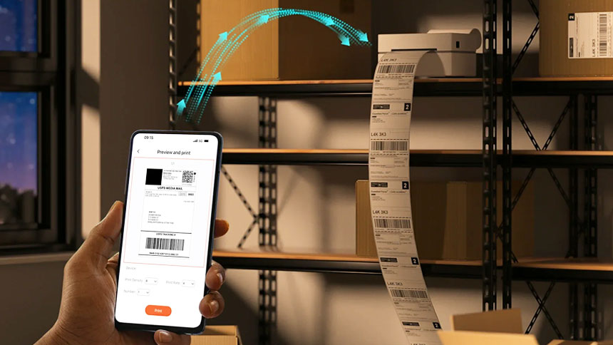 An image portraying Wireless printing concept, with a hand-held mobile phone connected wirelessly with a thermal wireless printer.