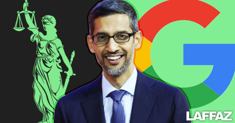 An image of Google CEO Sundar Pichai in the middle with Google logo on the right and justice statue vector on the left