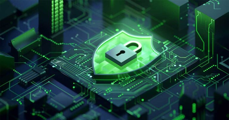 Cyber security concept in digital art, a green colored lock icon over a chip