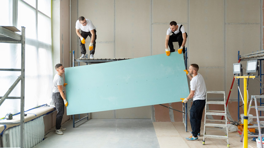 Four male workers doing office renovation work