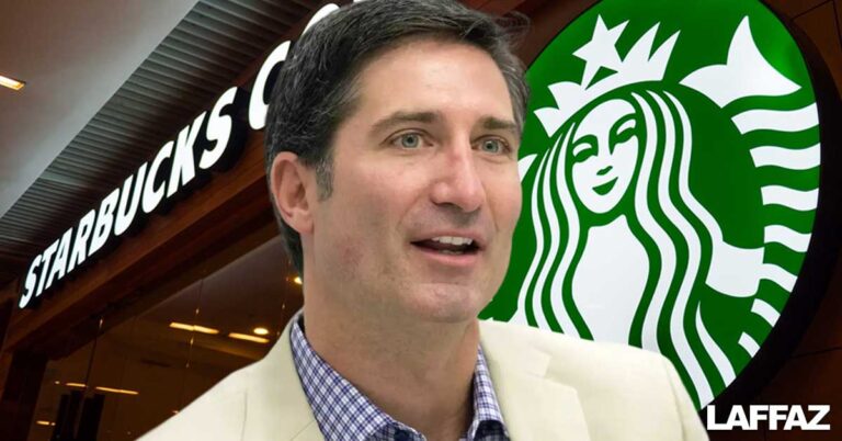 A picture of Starbucks CEO Brian Niccol with a background image of a Starbucks outlet shopfront