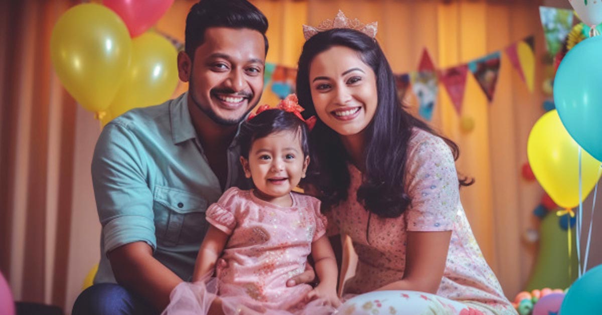 A picture depicting happy Indian family, with father on the left, mother on the right, and around 4 to 5 year old daughter in the middle. The picture is used as a promotional banner for an article related to HDFC Life Insurance