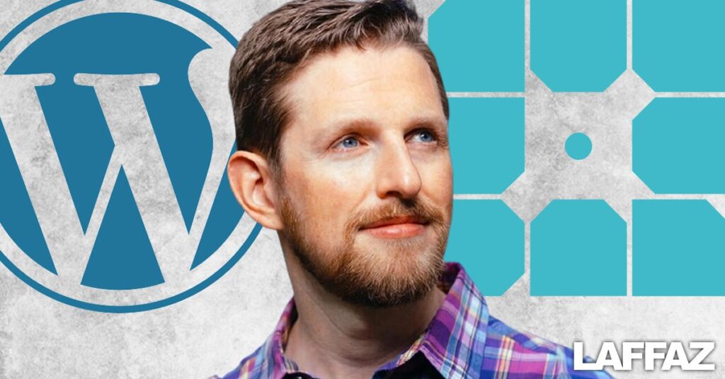 A picture of WordPress co-creator and parent company Automattic's CEO Matt Mullenweg in the middle with WordPress logo on the left and WP Engine logo on the right