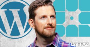 A picture of Automattic CEO in the middle with WordPress logo in the background in the left and WP Engine logo on the right.