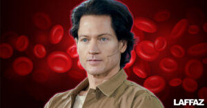 A picture of Bryan Johnson with red background depicting red blood cells