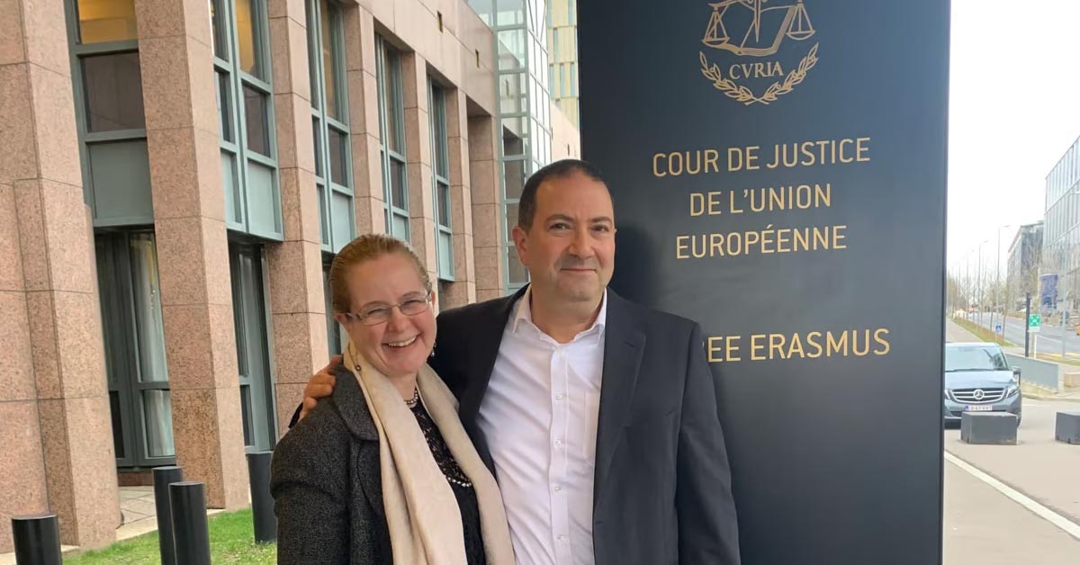 Founders of Foundem, Shivaun and Adam Raff stand outside of the European Court of Justice