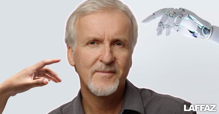 A photo of Academy award winner writer and director james cameron along with a picture depicting AGI in the background