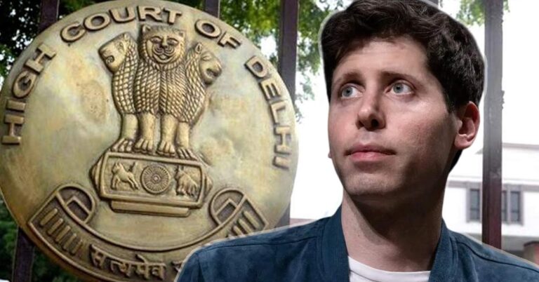 OpenAI CEO Sam Altman, with a picture of the Delhi High Court emblem in the background