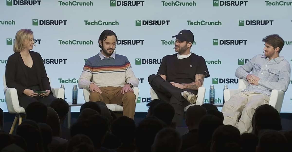 Becca Szkutak of TechCrunch, Dan Lorenc of Chainguard, Alex Pall, and Drew Taggart of The Chainsmokers