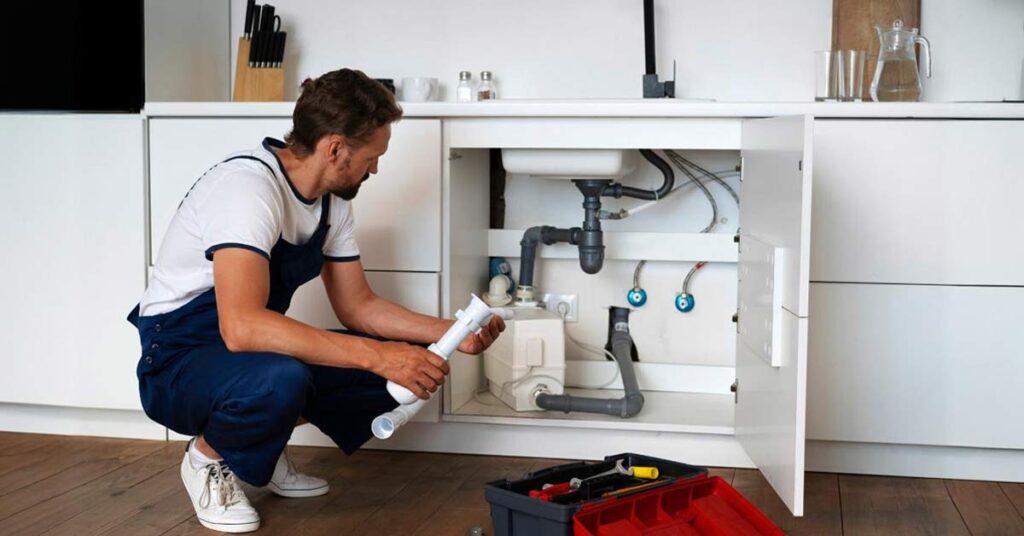 A male white plumber sitting and repairing hose pipes under a wash basin