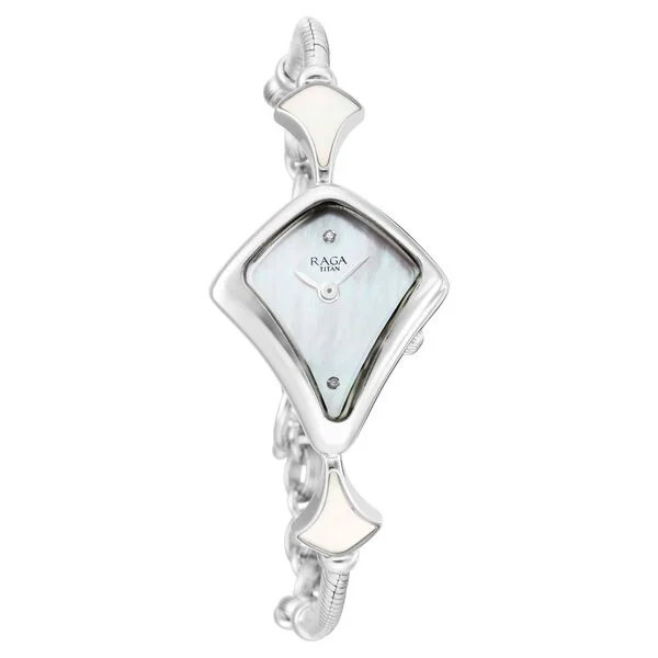 Grace and sophistication come together beautifully in this watch. Its mother-of-pearl dial adds a luxurious glow, complemented by a sterling silver strap with a jewelry lock mechanism for added elegance.