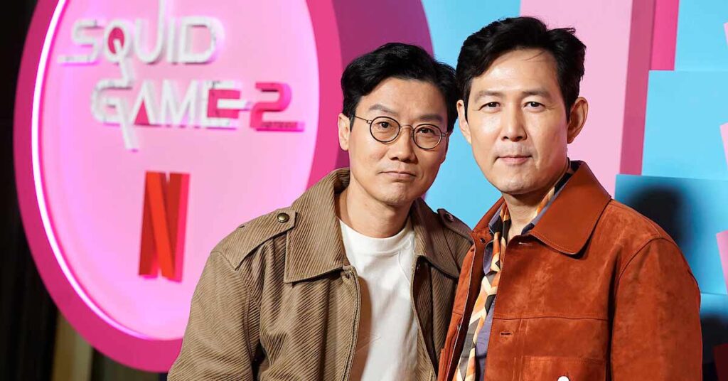 Squid Game's creator Hwang Dong-hyuk (on left), and Squid Game's lead actor Lee Jung-jae (on right)