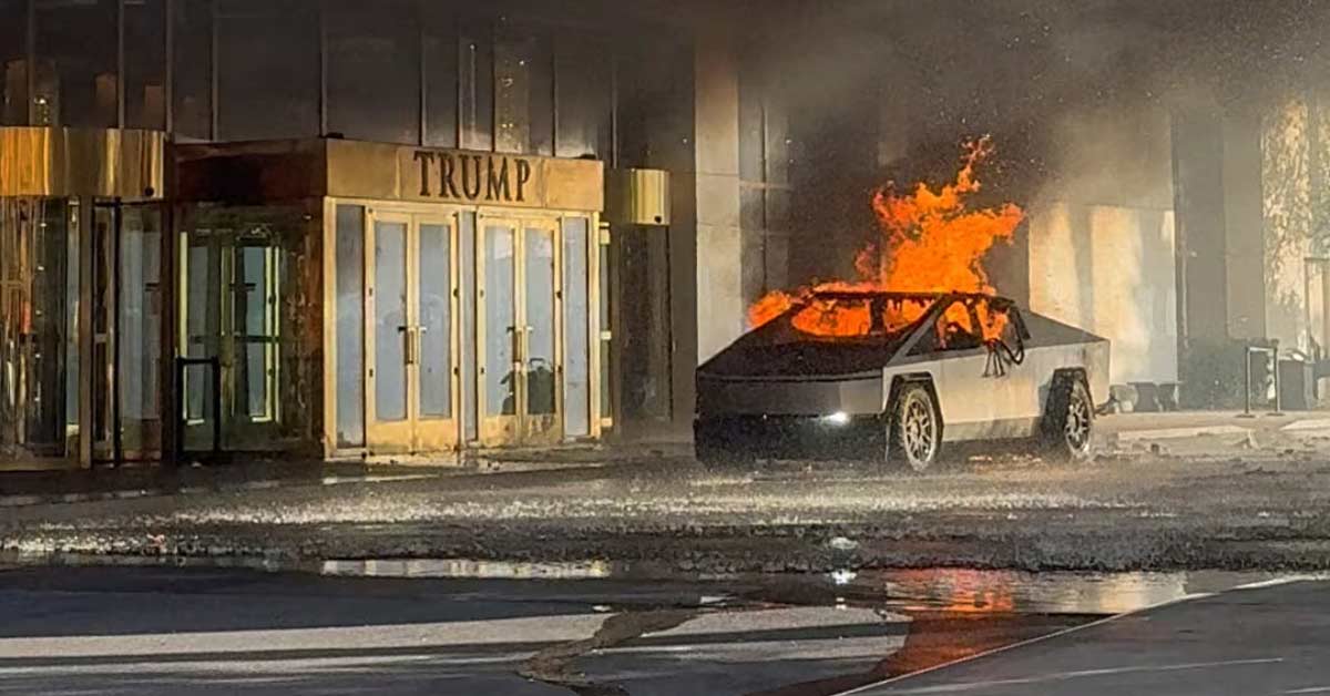 A picture of exploded Tesla Cybertruck outside Trump Hotel in Las Vegas.