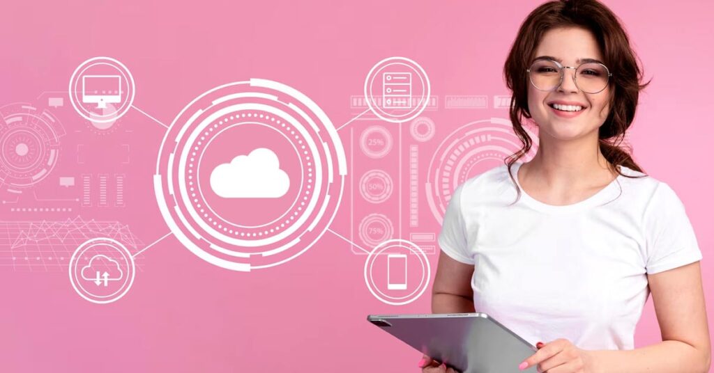 A white girl in white t-shirt with spectacles holding a tablet with cloud computing vector illustration in the background.