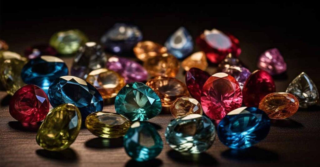 Many colorful lustrous gemstones kept on a table.