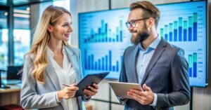 A female and a male stock market analysts discussing the market