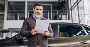 A middle-aged handsome man wearing a waistcoat standing and reading car document papers in front of a car.