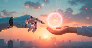 A humanoid hand on the left and human hand on the right - depicting 'Age of AI' concept