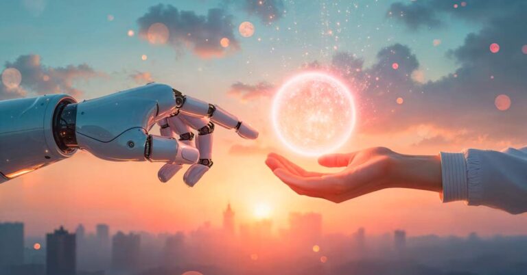 A humanoid hand on the left and human hand on the right - depicting 'Age of AI' concept