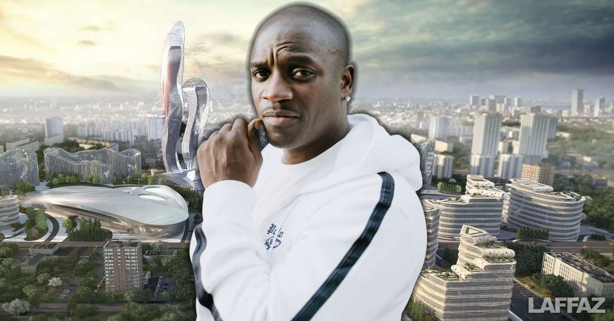 A picture of Akon, an illustration of his Wakanda-inspired city in the background.