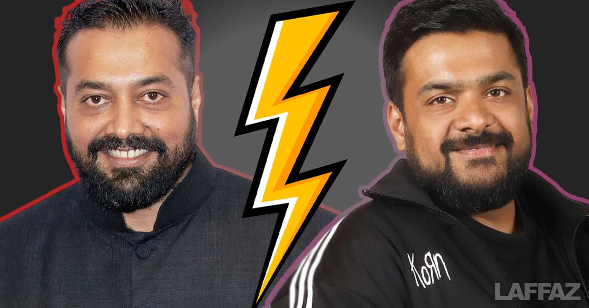 Anurag Kashyap and filmmaker Vijay Subramaniam with a lightning bolt between them, representing the clash over AI-generated film Chiranjeevi Hanuman.