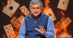 Indian IT Minister Ashwini Vaishnaw pictured with burning playing cards, symbolizing India’s crackdown on online gaming and betting platforms