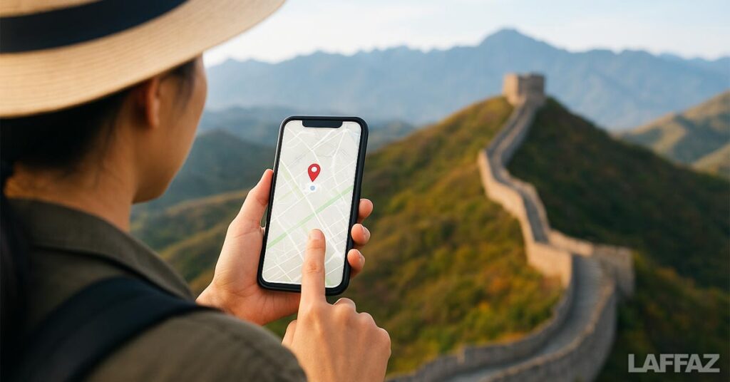 Traveller using smartphone with eSIM on the Great Wall of China