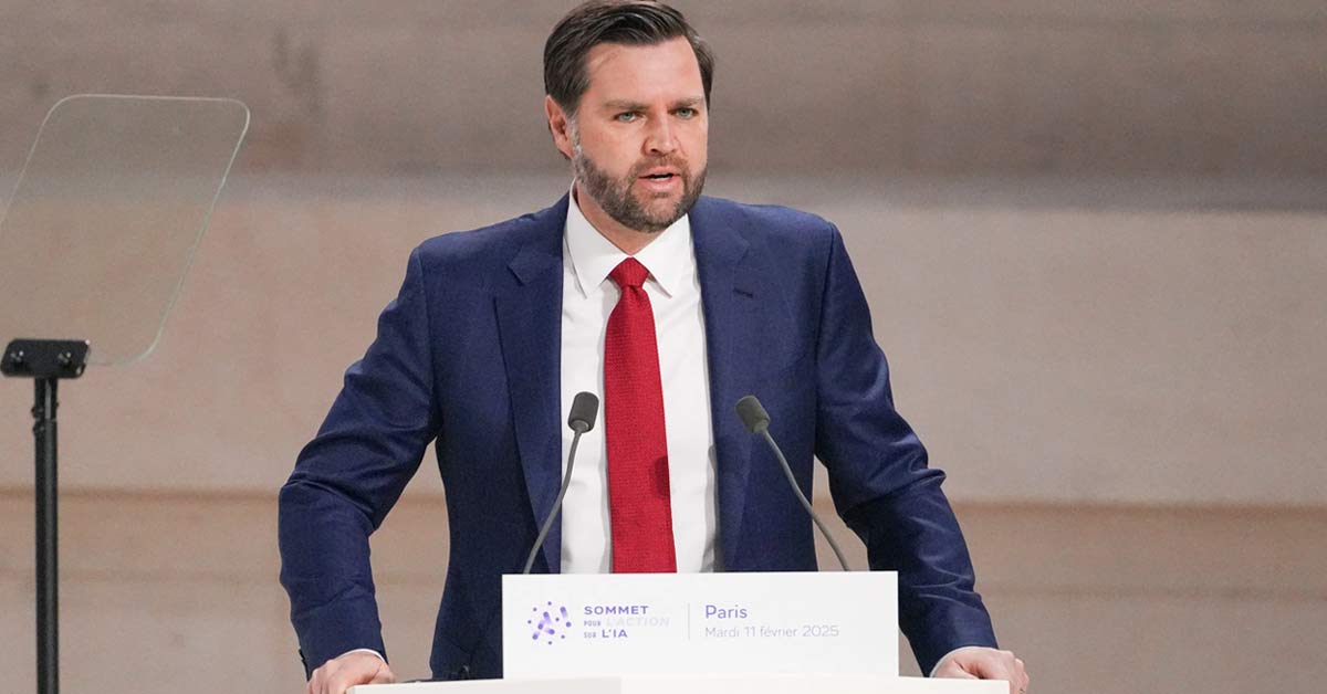 U.S. Vice President JD Vance speaking at the AI Action Summit 2025, Paris in February