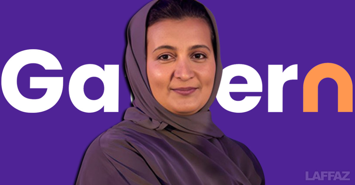 Latifah Altamimi, CEO and founder of Gathern, Saudi Arabia’s leading vacation rental platform, with Gathern logo in the background