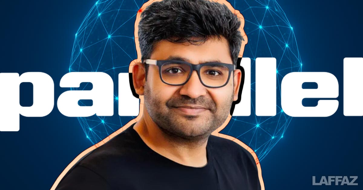 Parag Agrawal, former Twitter CEO and founder of AI startup Parallel, with abstract digital web intelligence background and Parallel Logo