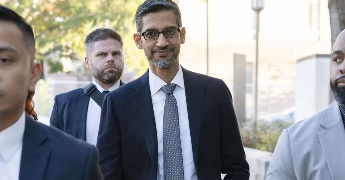 Google CEO Sundar Pichai testifying in U.S. federal court during the company’s antitrust trial in October 2023