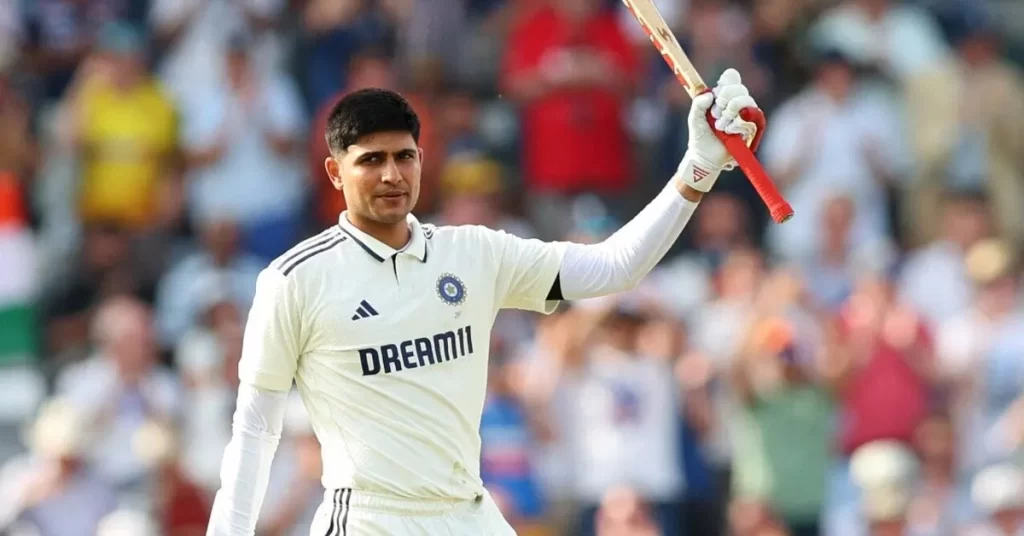 Shubman Gill celebrates after scoring a century against England at Edgbaston during the 2025 Anderson–Tendulkar Trophy.