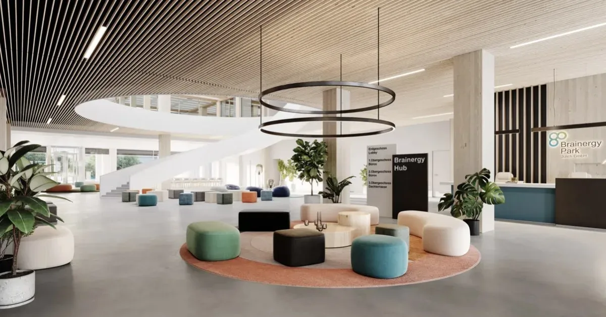 A 3D-rendered illustration of a projected office indoor space