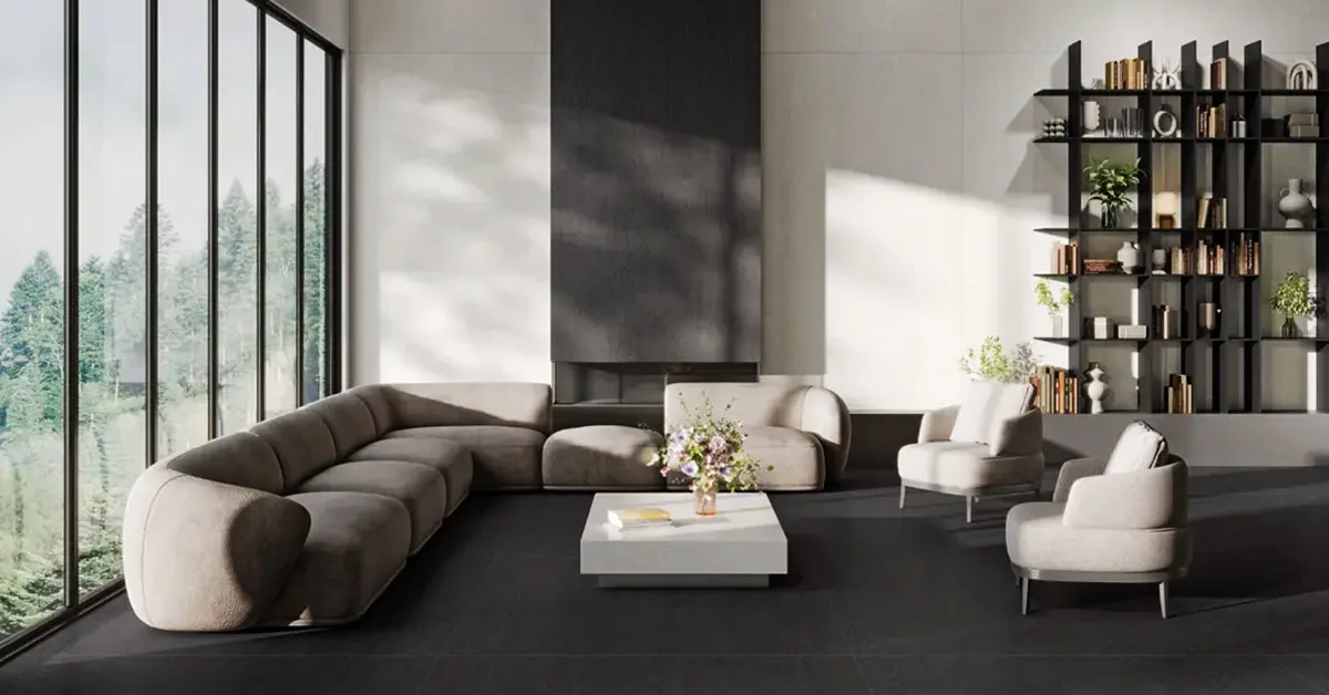 Elegant black floor tiles in a contemporary home interior, showcasing a sleek matte finish that enhances the modern aesthetic of the living space.