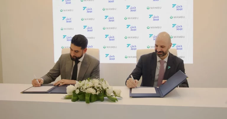 Signing the partnership agreement: Harjit Kang, Regional Lead, Middle East at Mambu; and George Harrak, CEO of Jeel
