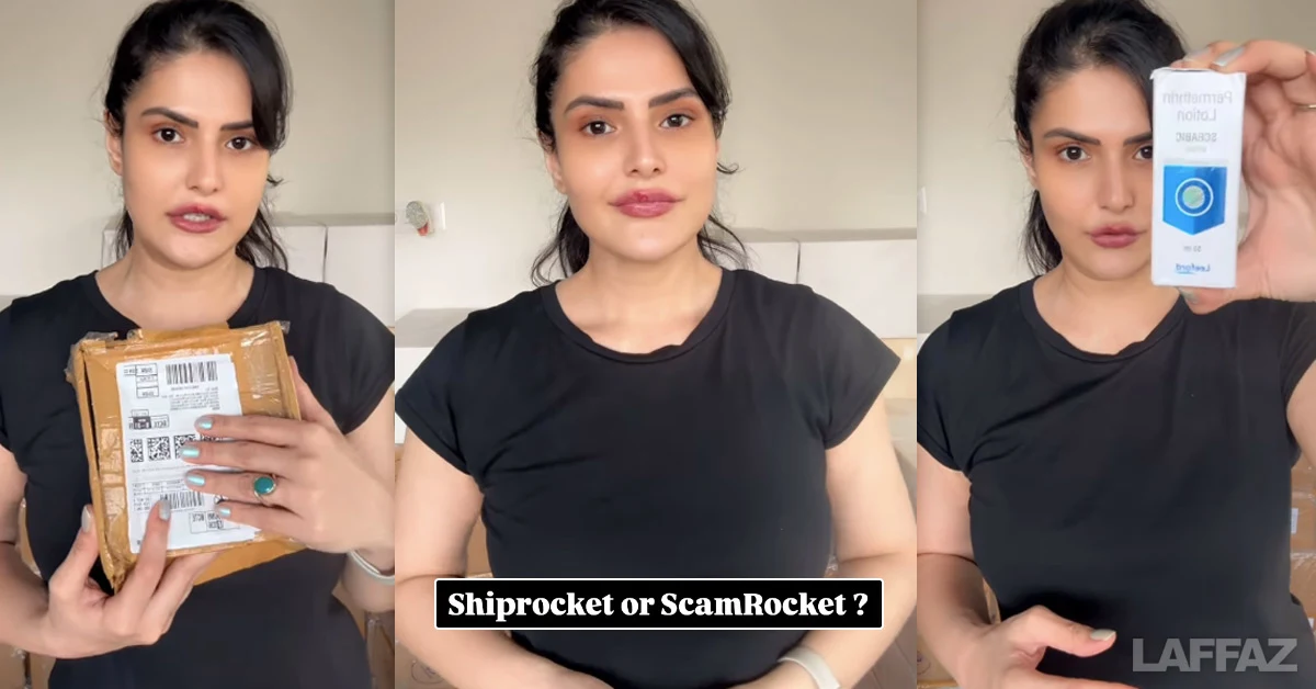 Bollywood actress Zareen Khan discussing Shiprocket delivery issues for her skincare brand Happy Hippie in an Instagram reel.