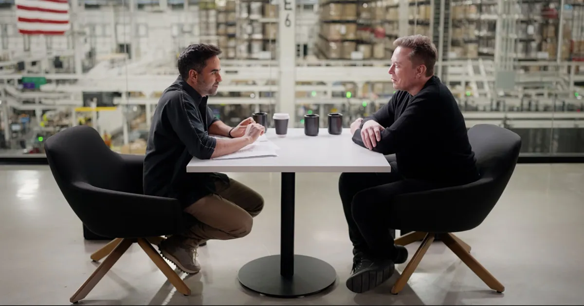 Nikhil Kamath and Elon Musk sitting together and talking during the WTF podcast episode.