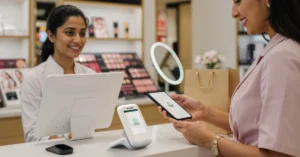 A woman paying via POS machine at a cosmetic store in India