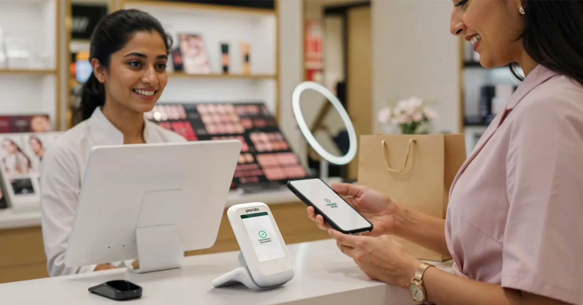 A woman paying via POS machine at a cosmetic store in India