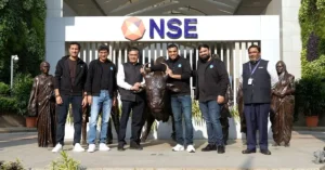 The Groww team on the listing day of Groww IPO in front of the National Stock Exchange (NSE), Delhi