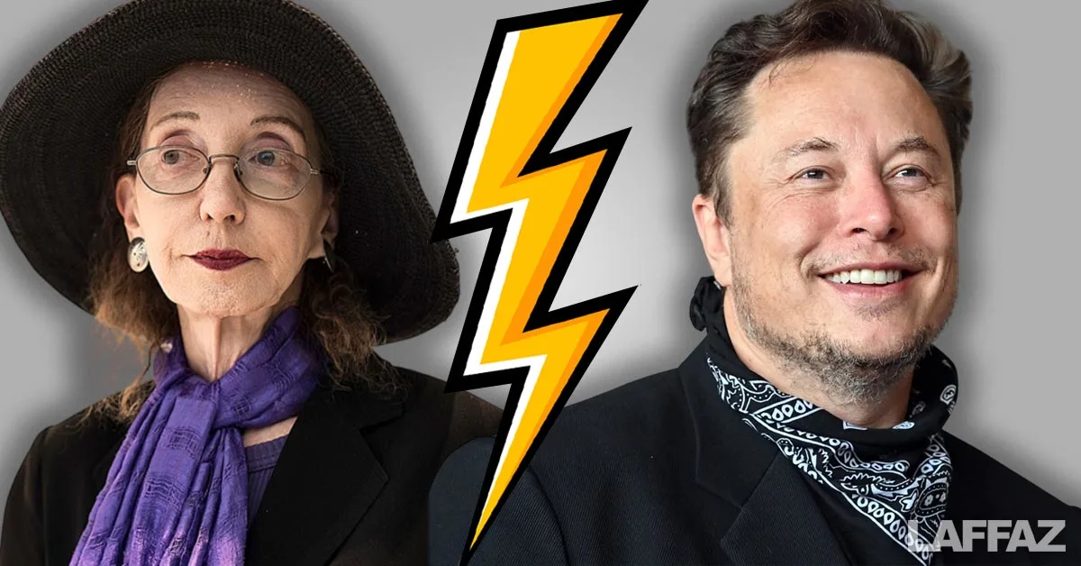 Joyce Carol Oates and Elon Musk in a split-screen image symbolizing their online clash after Oates called Musk ‘uneducated and uncultured.’